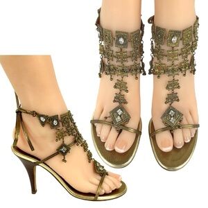 GIUSEPPE ZANOTTI Gold metallic Heels RARE metal dangles rhinestones 36 1/2